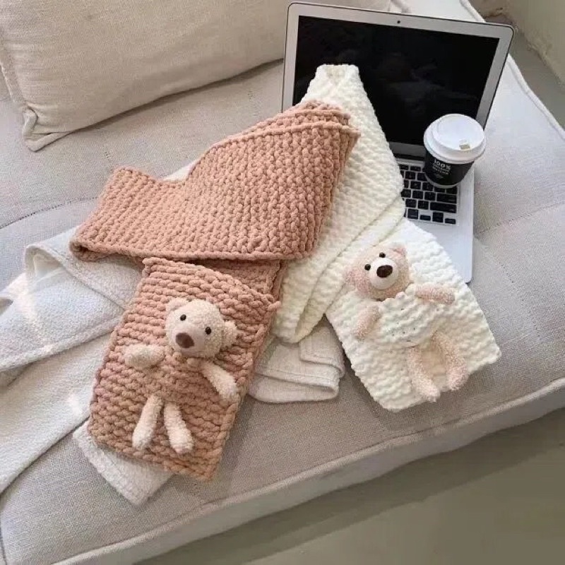 Set Đan Khăn Len Gấu To DIY Handmade