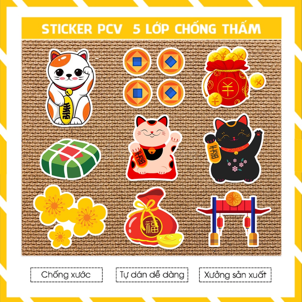 Hình Dán Mèo Thần Tài Mẫu Sticker Dán Tết 2023 Trang Trí Điện Thoại , Dán Laptop , Dán Mũ Bảo Hiểm Cắt Sẵn Từng Hình Tại