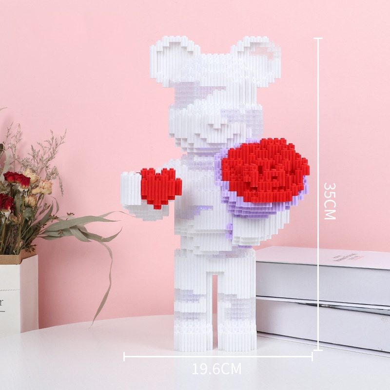 Combo Bộ lego bearbrick trái tim 3D cầm hoa, có đèn LED phát sáng, cao 35 cm, có sách hướng dẫn chi tiết