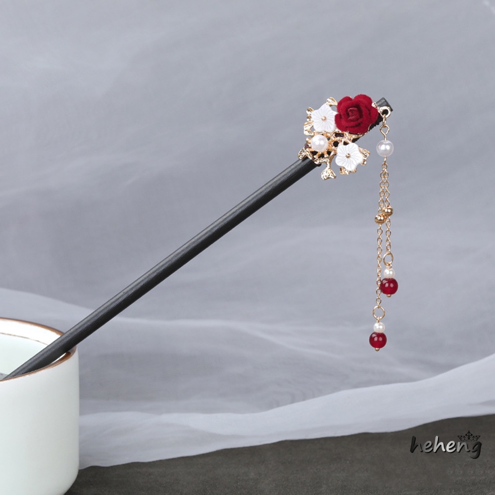 Trâm Cài Tóc Dáng Dài Hình Hoa Hồng Đỏ Phối Tua Rua Phong Cách Trung Hoa