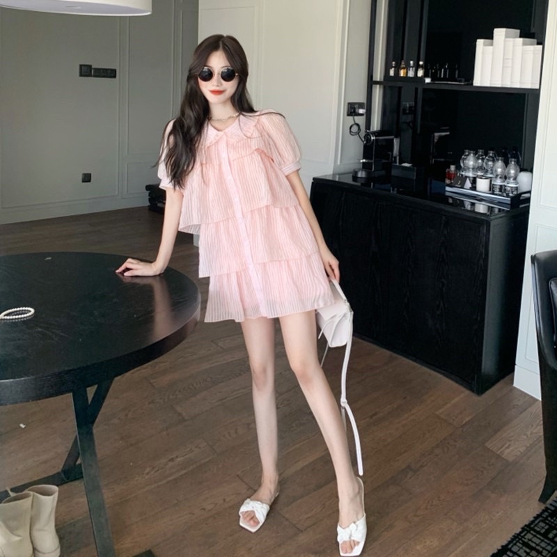 Đầm sơ mi kẻ sọc tông Hồng