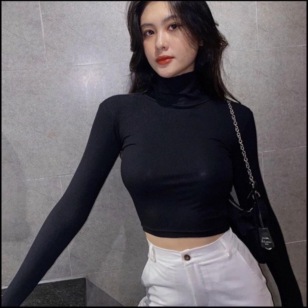 Áo Croptop Tay Dài Cổ Lọ Màu Sắc Trơn Phong Cách Hàn Quốc