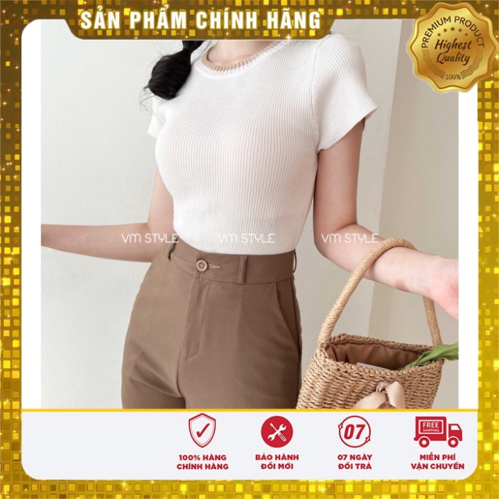 Áo len nữ VMSTYLE tay bó ngắn trơn cổ viền màu trang điểm thu đông 47175 - ALU00117