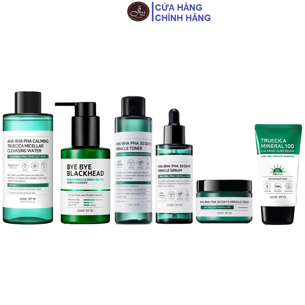 Bộ 6 Sản Phẩm Giảm Mụn Some By Mi AHA-BHA-PHA 30 Days Miracle (Ntt + Sữa rửa mặt Bye Bye + Toner + Serum + Kem + Kcn)