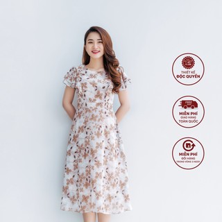 Đầm xoè thời trang trung niên TTV Store Cổ tròn kết nút tay cánh tiên thiết kế Trắng hoa nâu TTV1174 trẻ trung