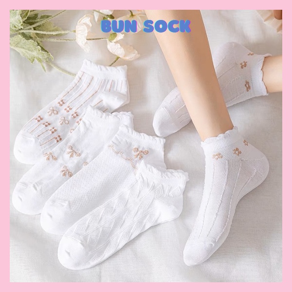 Tất nữ Vớ nữ ngắn cổ set 5 đôi màu trắng nhiều họa tiết trẻ trung chất liệu co giãn thoáng mát