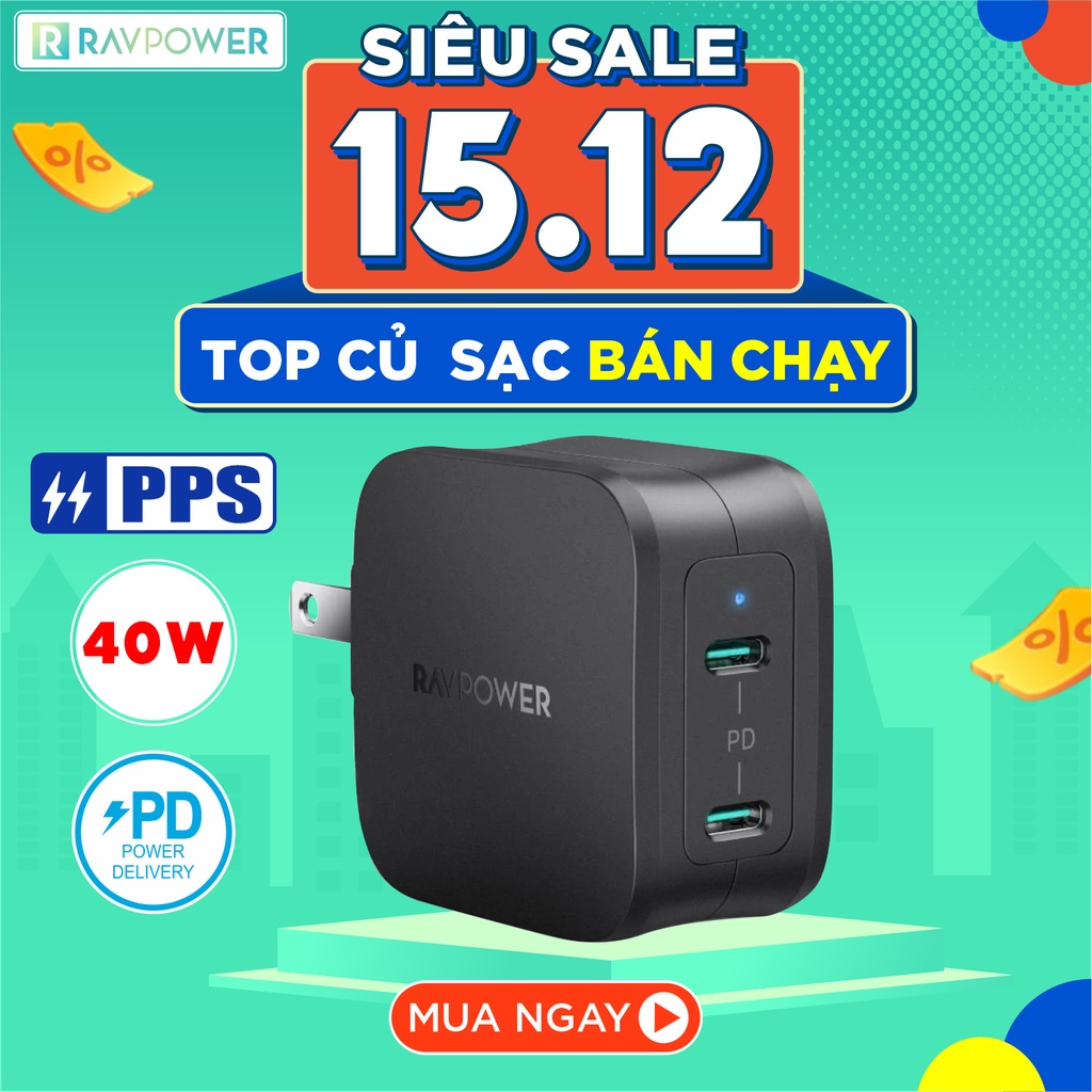 Adapter Củ Sạc 40W 2 Cổng Type C PD 3.0 & QC 3.0 Nhỏ Gọn RAVPower RP-PC152 - Hàng Chính Hãng
