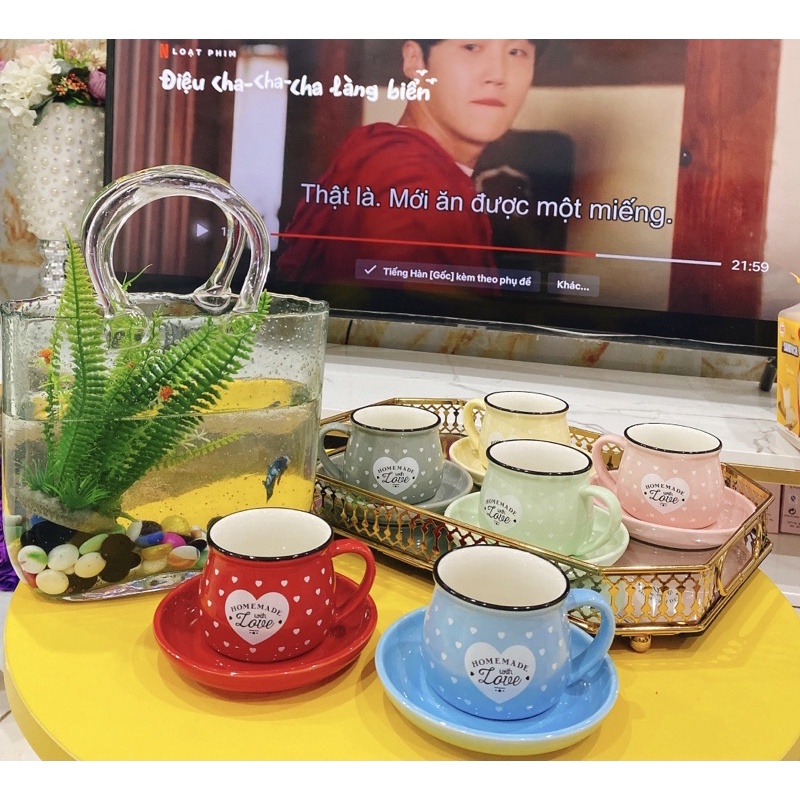 Set tách đĩa cafe hoạ tiết chấm bi