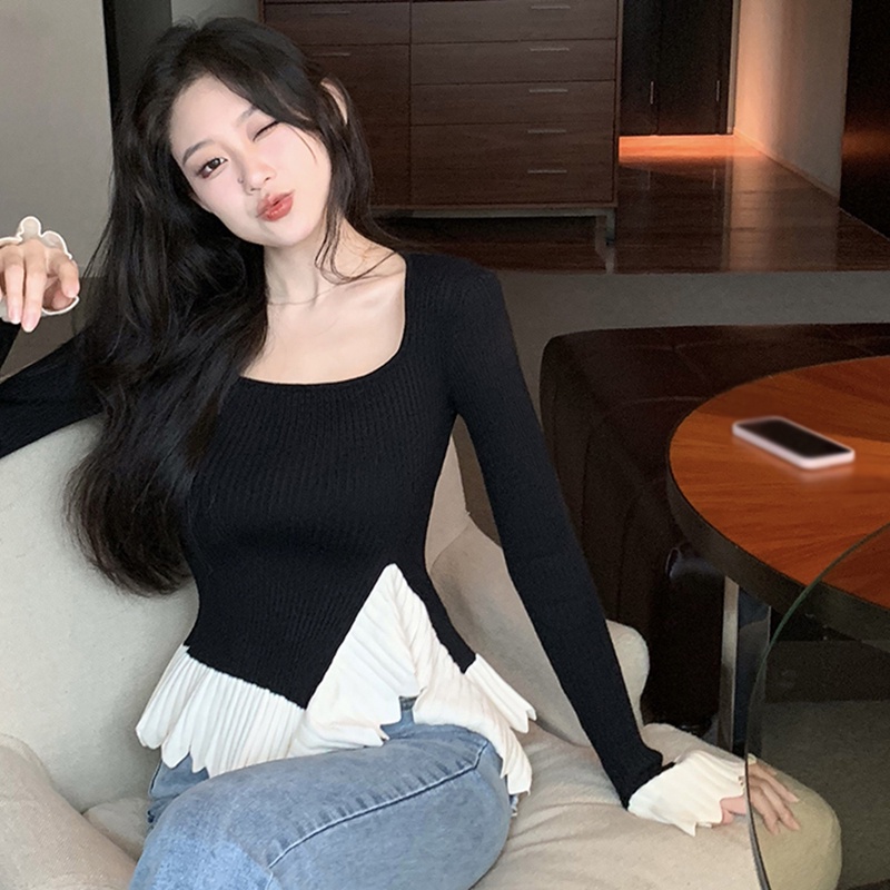 Áo Sweater Dệt Kim Tay Dài Cổ Vuông Phối Bèo Dễ Thương Cho Nữ