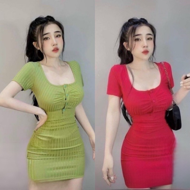Đầm Body Cài Khuy Cổ Vuông Tay Ngắn Dáng Ngắn Ôm alohashop91