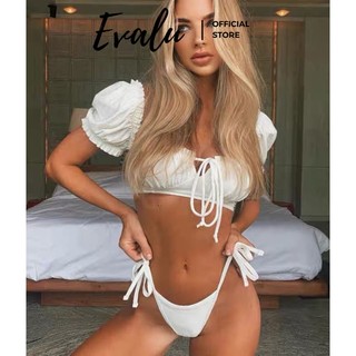 Set bikini 2 mảnh áo tay bèo phối quần cột dây, đồ bơi 2 mảnh sexy evalu store