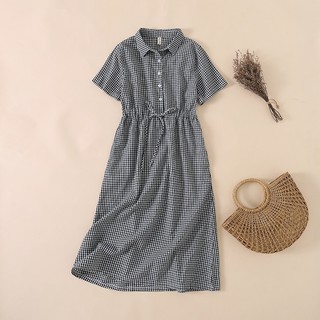 Đầm suông linen công sở ngắn tay, họa tiết kẻ sọc thời trang Cs37