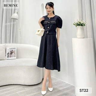 Set chân váy áo cổ tròn túi hộp đính ren BEMINE ST22