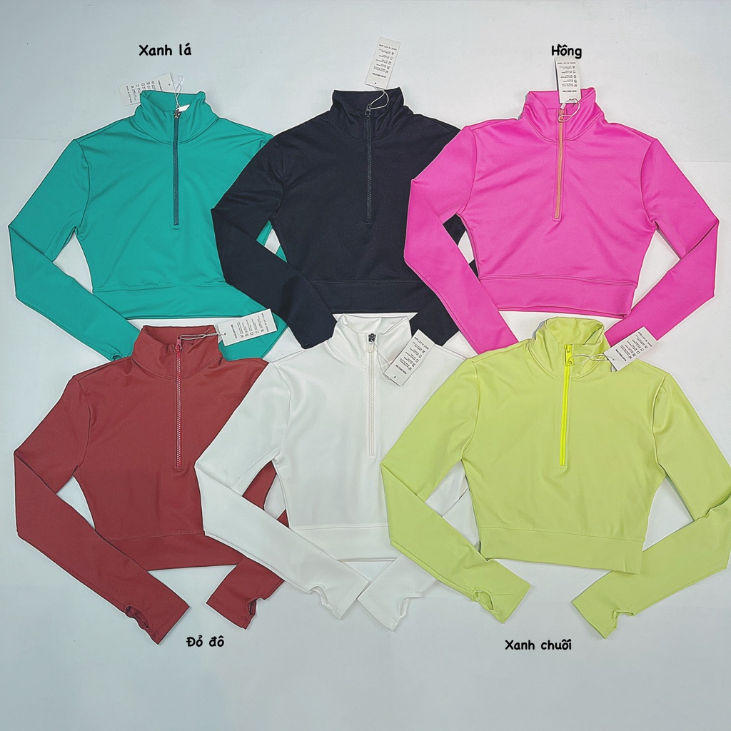 Áo Croptop Tập Gym, Yoga Tay Dài Xỏ Ngón, Dây Kéo Cổ Cao