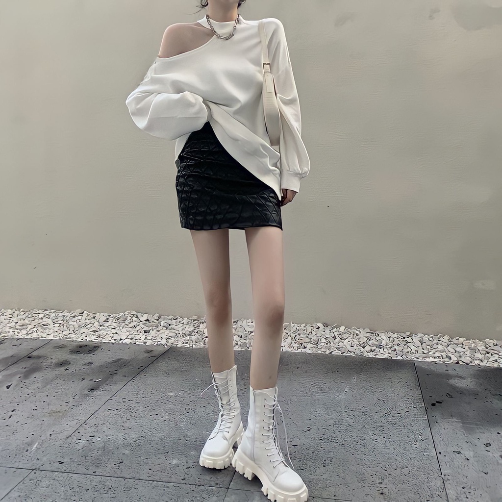 Áo nỉ nữ khoét vai dài tay cá tính 4 màu Freesize form dưới 62kg mặc đẹp-Minxy shop