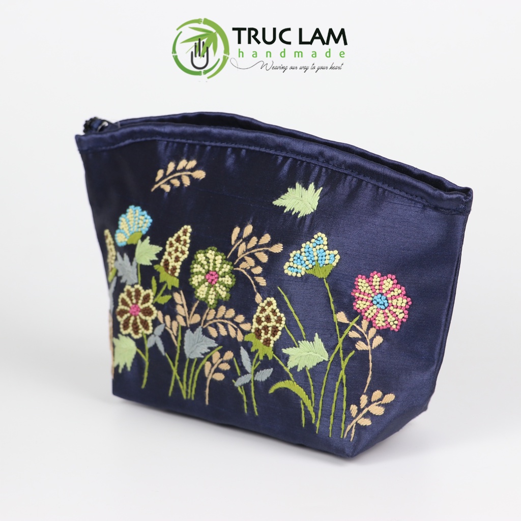 Ví Cầm Tay Nữ Vải Tafta Họa Tiết Hoa Cỏ Thêu Tay 2 Mặt - Trúc Lâm Handmade