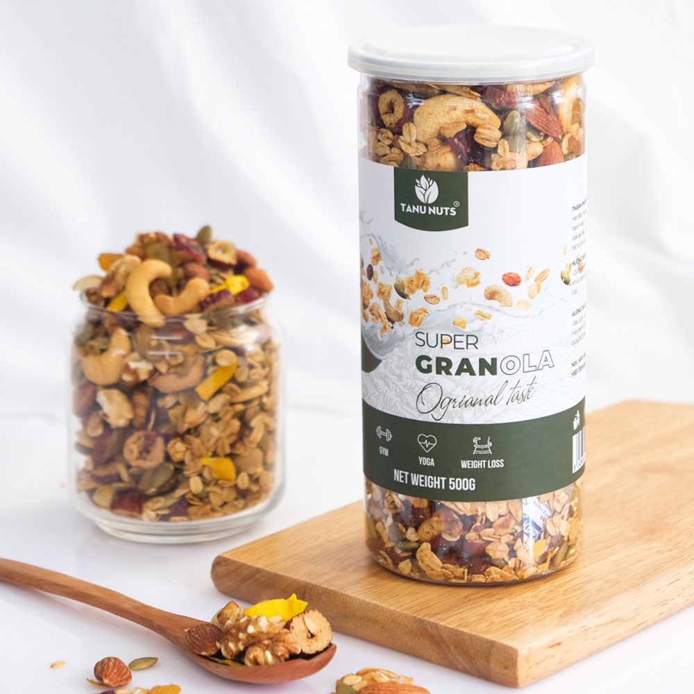 Combo granola siêu hạt 15% yến mạch 500g và bánh biscotti ăn kiêng túi 250g TANU NUTS