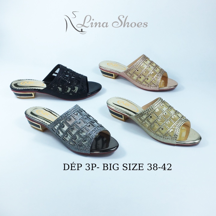 Dép nữ trung niên cao cấp size lớn cho mẹ và bà , Dép cao gót 3 phân big size 38-42 quai 3 d đính đá sang trọng-GD 1113