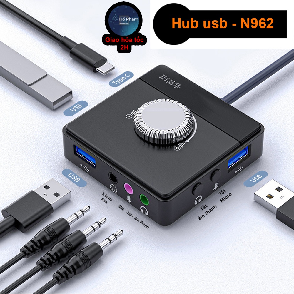 Hub usb đa năng ra 2 cổng âm thanh cùng lúc 3.5mm aux, headphone 2 jack