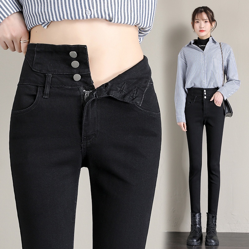 Quần Jean Dài Lưng Cao Dáng Ôm 3 Nút Thời Trang Cho Nữ