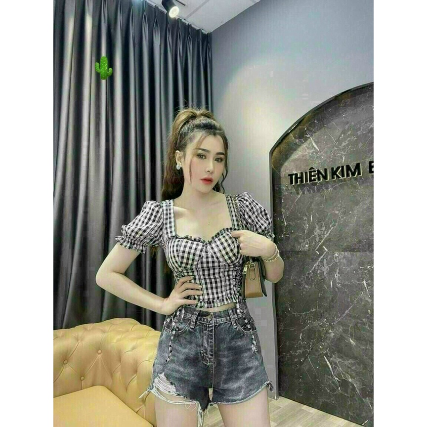 áo caro nhúng có mod ngực xinh xinh áo tiểu thư pc