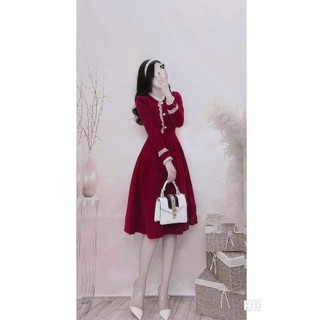 Váy nhung đỏ dáng xòe dự tiệc Set đầm nhung đỏ thiết kế sang chảnh