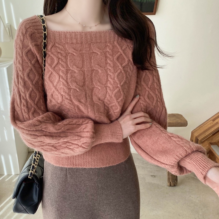 Áo dệt kim SUXI cổ vuông dáng rộng phong cách vintage Hàn Quốc thời trang thu đông cho nữ