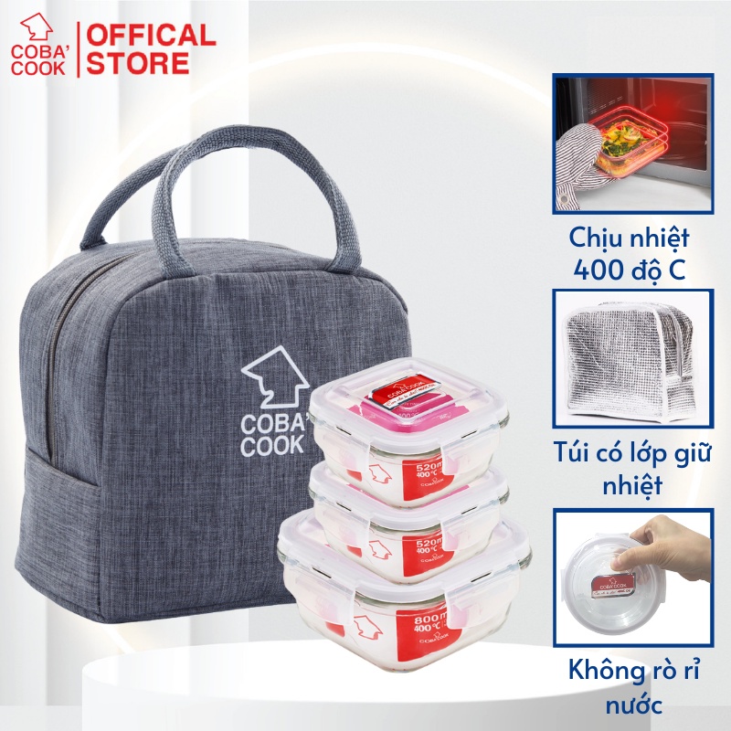 Bộ 3 Hộp Cơm Thủy Tinh Hình Vuông COBACOOK 1 Hộp 800ml 2 Hộp 530ml Và Túi Giữ Nhiệt- CCS8S53BB