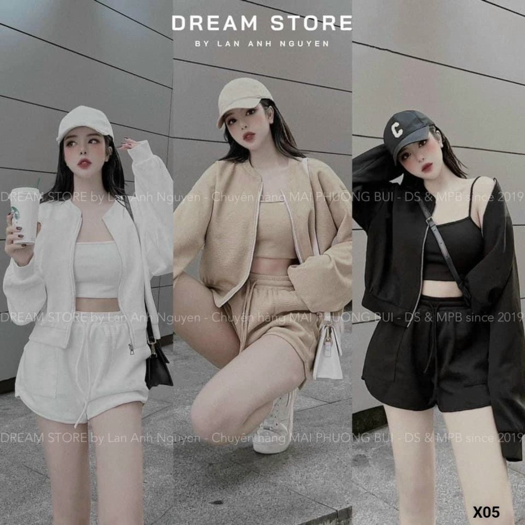 Set đồ nữ đi chơi cá tính, set đồ nữ 3 món quần đùi lưng thun kèm áo khoác có kéo tay dài có kèm lót trong
