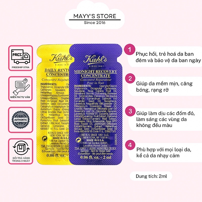 Vỉ Tinh Chất Tái Tạo Da KIEHL'S Daily - Midnight Recovery Concentrate 2ml