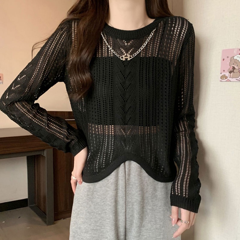 Áo Dệt Kim Tay Dài Cổ Tròn Họa Tiết Kẻ Sọc Thiết Kế Bất Đối Xứng Thời Trang Hàn Quốc Cho Nữ