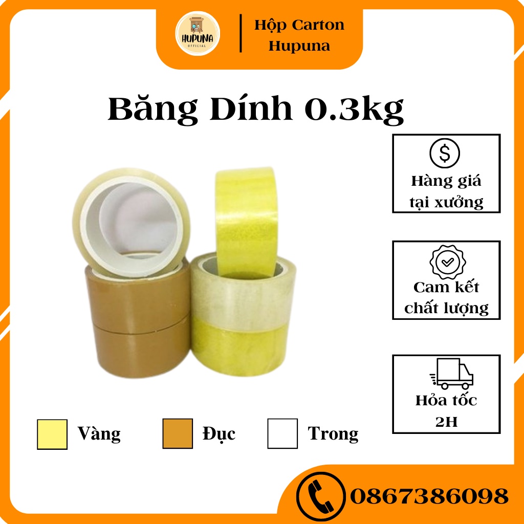 Cuộn Băng Keo Hupuna 0.3KG, Lõi Mỏng, Băng Dính Đóng Hàng 3 Màu Siêu Dai, Không Đứt, Giá Rẻ.