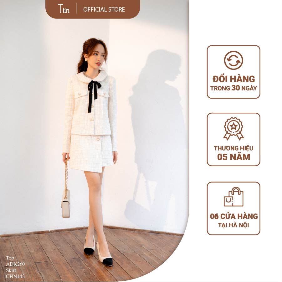 Áo dạ tweed cổ sen vuông 2 nắp túi dây nơ TIINSTORE ADK260 CDN142