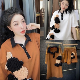 Set Bộ Đồ Nữ Áo Thun Gấu Thêu Phối Quần Đùi Thời Trang