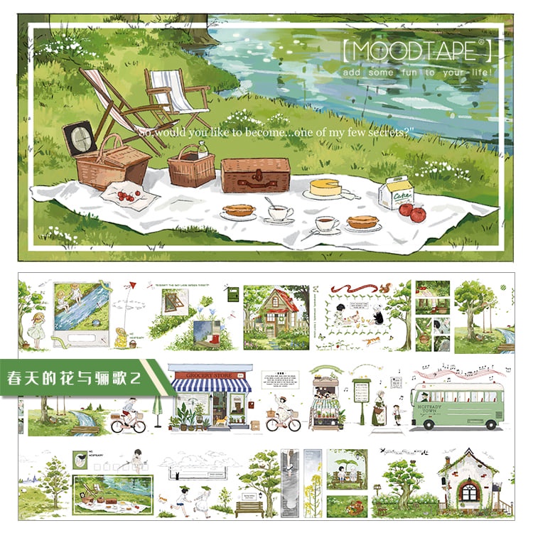 Moodtape-Washitape phong cảnh "Hoa mùa xuân" chât liệu PET chu kỳ siêu dài: 7cmx170cm