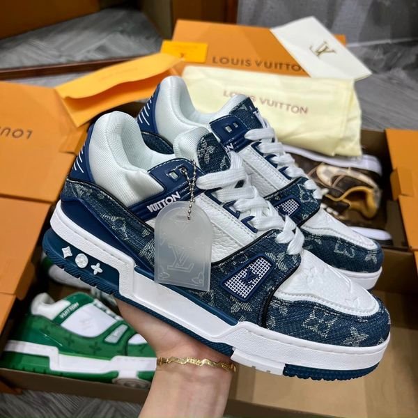 Giày thể thao LV Trainer màu xám ghi cổ thấp độn đế, giày sneaker LV Trainer xám mới nhất dành cho nam nữ đầy đủ billbox
