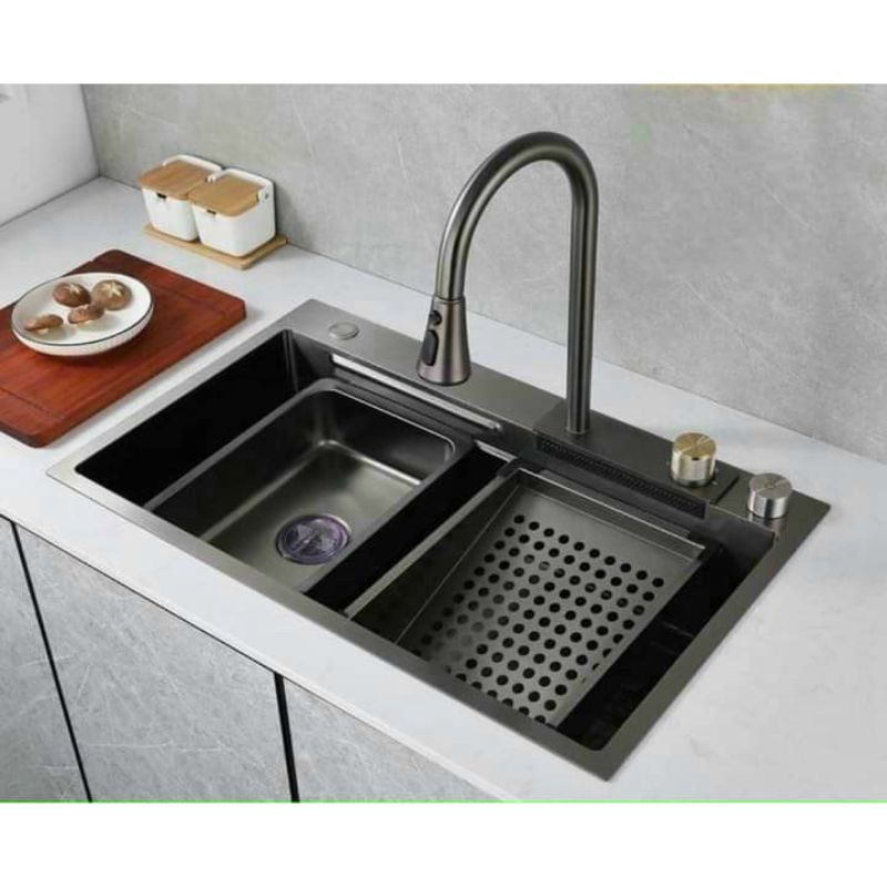 Chậu inox 304 phủ Nano Đen Cao Cấp 75 x45 GỒM VÒI THÁC NƯỚC chống bám bẩn, chống trầy xước.Hoả tốc tại TPHCM