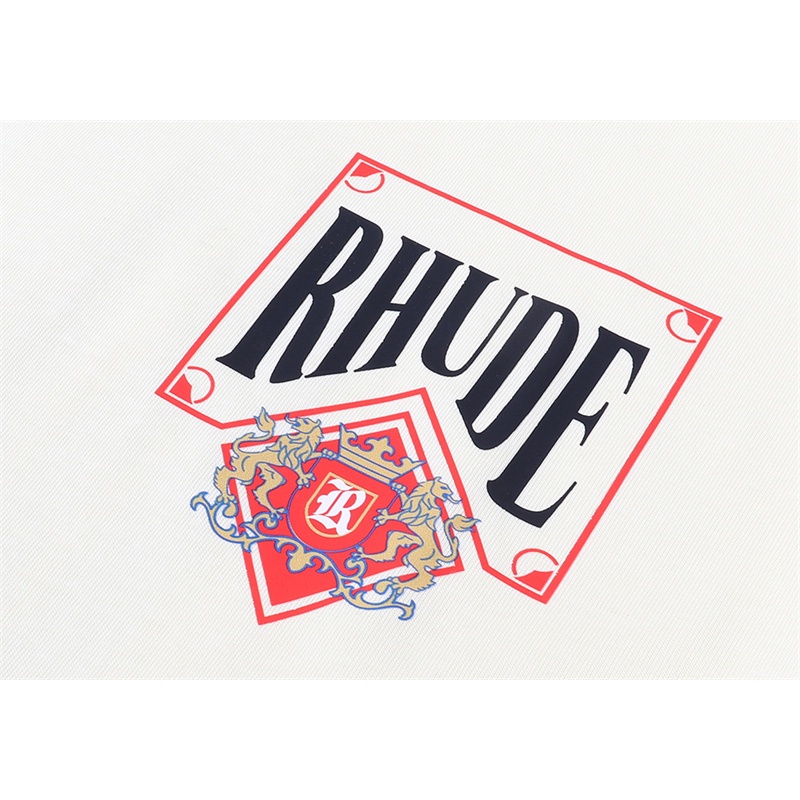 Rhude niche Áo Thun Tay Ngắn Dáng Rộng Thoải Mái In Họa Tiết Thẻ Đỏ Rượu Vang Đường Phố Mỹ