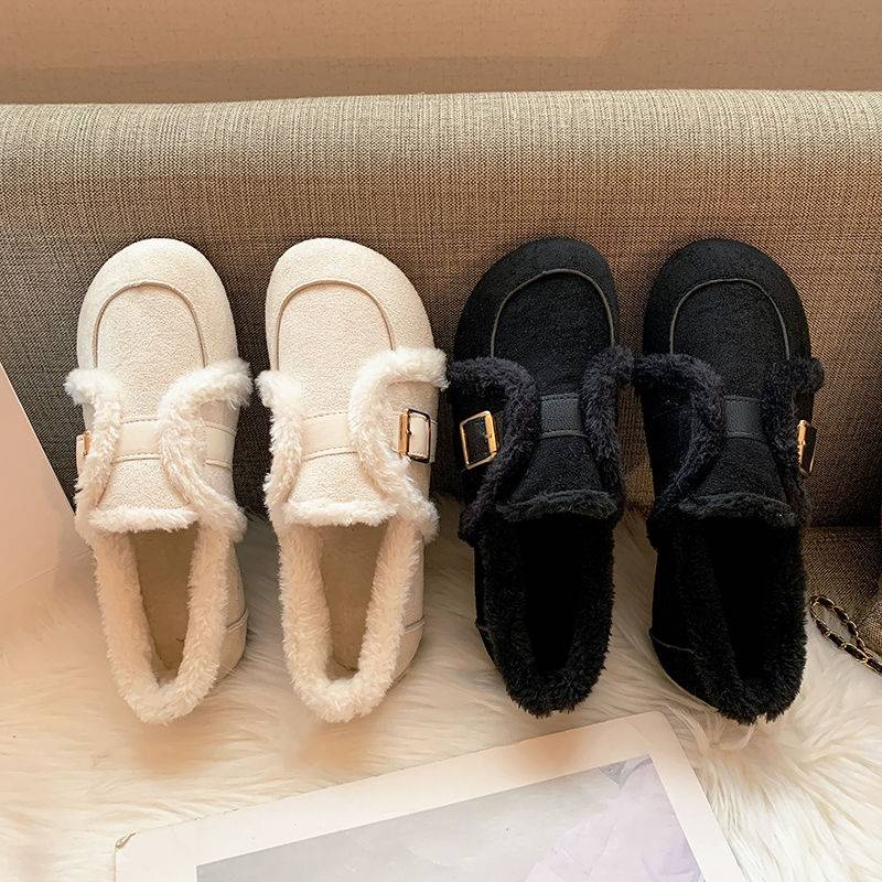 Giày đậu đạp một chân giày lông mẫu mới thu đông nữ giày bông tuyết đế bằng dễ phối ấm mặc ngoài chống trượt siêu mềm