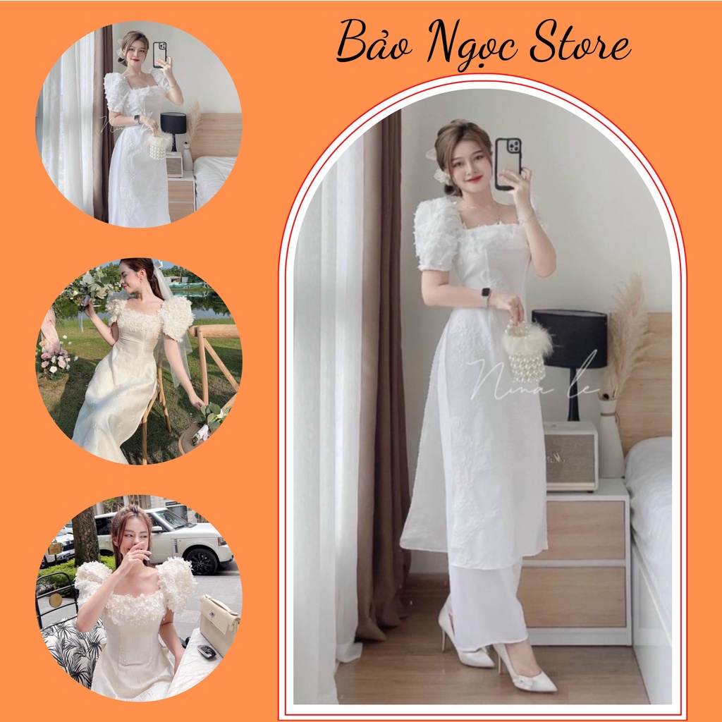 Áo Dài Gấm Trắng, Set Áo Dài Cách Tân Cổ Vuông Đính Ren Bướm Kèm Quần Suông Lụa Form Dáng Chuẩn Nhiều Size Thời Trang Sa