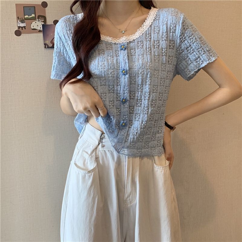 Happy-store ❤️Áo Sơ Mi Rỗng Bông Tuyết Sexy Phong Cách Hàn Quốc - Phối Nút Xanh Độc Đáo