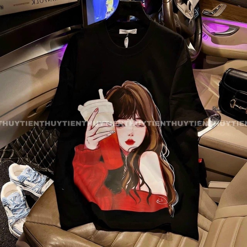 Áo Thun Tay Lỡ Cô Gái Áo Đỏ Ly Nước HARIQUEEN
