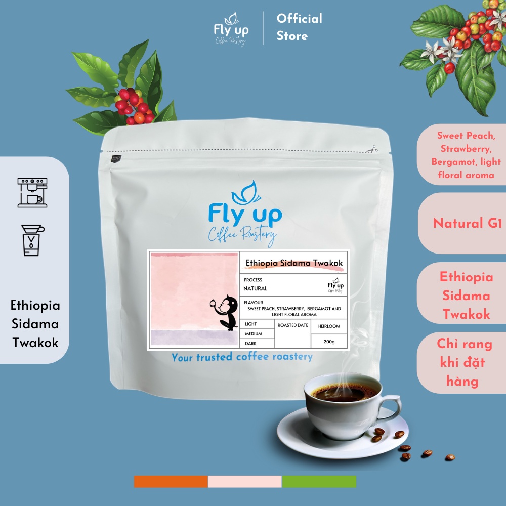 Cà phê Espresso Ethiopia Sidama Twakok G1 gói 200g, Cafe Filter/Coldbrew nguyên chất rang mộc từ Fly Up Coffee