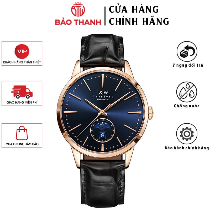 Đồng Hồ Nam I&W Carnival 541G2 Chính Hãng Mạ Vàng 18K Chống Nước Kính Chống Xước Dây Da Cao Cấp BH 24T (Máy Cơ Tự Động)