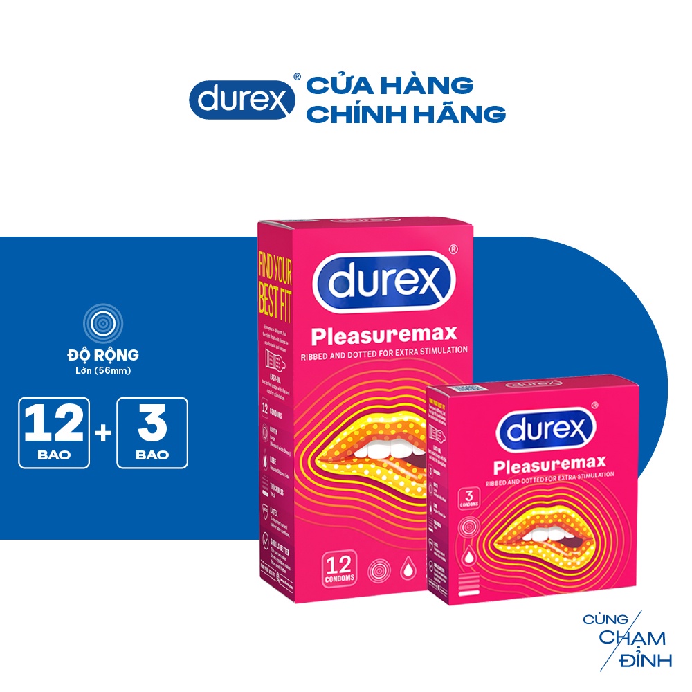 Bộ bao cao su Durex Pleasuremax gân gai, size 56mm, 1 hộp 12 bao và 1 hộp 3 bao
