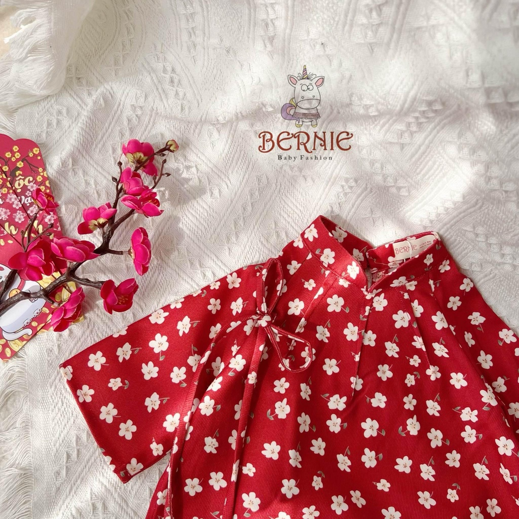 [size 8-21kg] Áo dài nhung tăm hoa nhí màu đỏ cách điệu cho bé gái mẫu tết 2023 shop nhungsoc