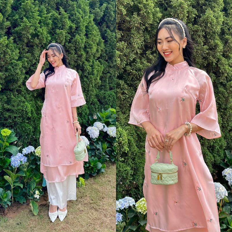 Set áo dài cách tân Tết voan tơ thêu hoa 4 tà SHINE CLOTHES nhiều màu xinh xắn, Áo dài dáng suông kèm quần