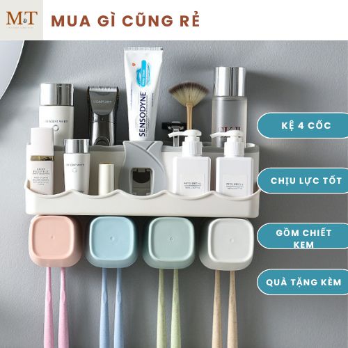 Combo Kệ đựng bàn chải, bộ nhả kem đánh răng 4 cốc dán tường kèm quà tặng