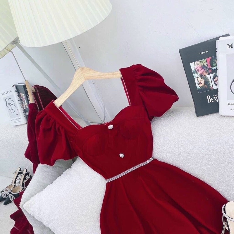 Đầm nhung đỏ viền ren trắng tay dài,váy nữ noel siêu xin cho mùa giangs sinh