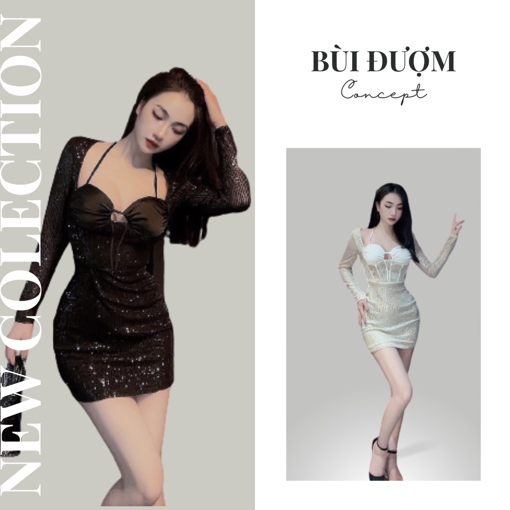 Váy Body Kim Sa Phối Cúp Lụa Dây Dáng Ngắn Bùi Đượm Concept, Váy Sexy Cúp Ngực Dây Yếm Tay Dài BĐ70